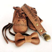 Load image into Gallery viewer, Leather Baby Booties, Dummy Clip + Bow Tie
