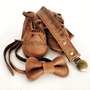 Leather Baby Booties, Dummy Clip + Bow Tie